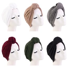 2022 New Women Stretch ruffle Turban Top Knotted Twisted Hairband Female Muslim Indian Hats African Chemo Cap Hair accessories