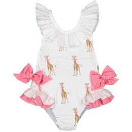 Retail Summer Girl Swimwear With Hat Children Cartoon Giraffe Bow Kids Cute Swimsuit Clothing 2-7Y E6018