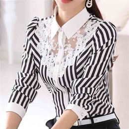 New Women Lace Spliced Embroidery OL Blouses Tops Feminine Slim Shirt Korean Fashion Stripe Tops Plus Size 4XL 210412