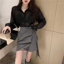 Work Dresses Alien Kitty Women Casual Two Pieces Sets Black Loose Stripes Shirts 2022 Autumn Office Lady High Waist Chic Mini Skirts