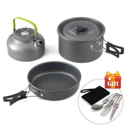 Portable Non-stick Aluminium Alloy Camping Cookware Outdoor Cooking Teapot Picnic Tableware Kettle Pot Frying Pan 3pcs/set Y220530