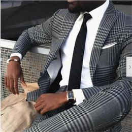 Men's Suits & Blazers 2 Piece Grey Mens Vintage Plaid British Style Slim Notch Lapel Groom Party Tuxedo Wedding Tuxedos For Men Formal Prom