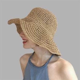 Simple Girl Raffia Sun Wide Brim Floppy Summer s For Women Beach Panama Straw Dome Bucket Femme Shade Hat 220526