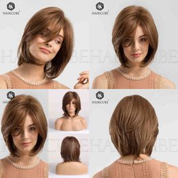 Human Hair Wig Synthetic Wigs Style Women's Inverted Hair Style With Bangs Brown Short Straight Hair Wig Head Cover 220527