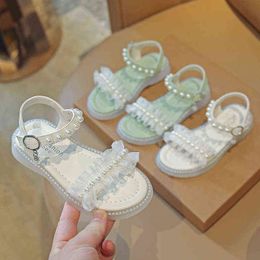 2022 Summer 2-12 Years Girls Shoes Pearl Sandals Kids Beach Shoes Pleated Edge Children Sandal Lace Princess Shoes Baby Toddlers G220523