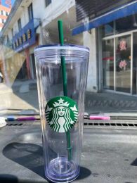 Starbucks Mugs 24oz 710ml Plastic Cups Reusable Double layer Transparent Coffee Flat Straw Column Cover Bdian Cup Milk Tea Cup 0524