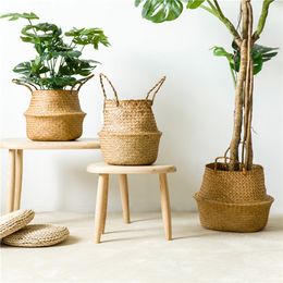 Handmade Bamboo Storage Baskets Foldable Laundry Straw Patchwork Wicker Rattan Seagrass Belly Garden Flower Pot Planter Basket 0704