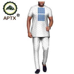 African fashion Jacquard Suit for Men Tailor Made Short Sleeves O neck Top Full Length Pants 100 Cotton Suit LJ201124