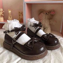 Dress Shoes Retro Lolita Bowknot Heart Platform Mary Jane Women Gothic Ankle Buckle Strap Cross Band Cute Flats Brown Black White New 220518