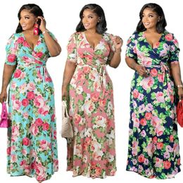 Plus Size Sommerkleid Großhandel Damen Lange Kleider mit Schnürung V-Ausschnitt Hohe Taille Damen Urlaub Blumenkleid Drop 220527