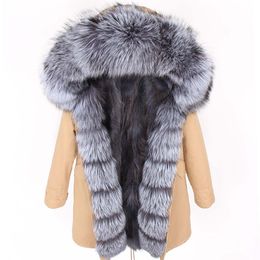 Dark grey Raccoon Rur Lining Khaki Long Jacket Snow women parkas With Lavish Silver Fox Fur Trim Placket