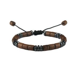 Charm Bracelets Fashion Hematite Wooden Beads Bracelet Male Handmade Braided Adjustable Leather Rope Beaded For Men Friendship JewelryCharm