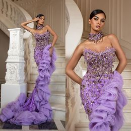 Luxurious Strapless Evening Dress Pearls Beading Mermaid Dubai Women High Split Tiered Ruffle Custom Made Party Prom Formal Gown