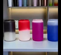 16oz glass tumblers with bamboo lid short sublimation frosted glass can Cold Hot color changing tumbler beverage drinking bottles DIY heat transfer cups 4colors