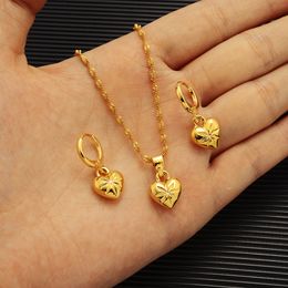 14k Yellow Solid Fine Gold dubai india heart African Set Necklace pendant Earrings Ethiopia wedding bridl Jewellery sets