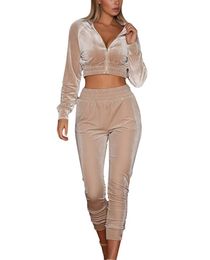 Tracksuits Women Two Piece Velour Gym Outfit Autumn Long Sleeve Zip Up Crop Jacket and Pants Beige Velvet Set for Woman Sport Suit Size XL