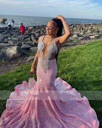 Sexy Illusion Pink Mermaid Prom Dresses For Black Girls Beads Rhinestone Sequins Aso Ebi Birthday Party Dress Robe De Bal