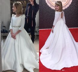 Vintage Satin Flower Girl Dresses For Wedding With Long Sleeve Beaded Crystal Princess Toddler Party Dress Evening Girls Pageant Dress