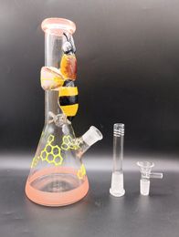 12 inch Glass Water Bong Hookahs with Honeybee pattern Pink Base Thick Smoking Pipes with Female 18mm