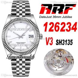 ARF V3 126234 36mm Cal SH3135 Automatic Mens Watch Fluted Bezel White Stick Dial 904L JubileeSteel Bracelet With Warranty Card Super Edition Timezonewatch R02