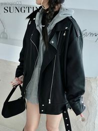 Sungtin Moto Biker PU Faux Leather Jacket Women Blet New Fashion Zipper Casual Coats Female Street Black Korean Oversize Outwear L220801