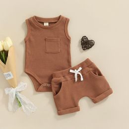 Clothing Sets 0-18M Infant Baby Boys 2pcs Clothes Solid Color Sleeveless Ribbed Pocket Romper Vest ShortsClothing