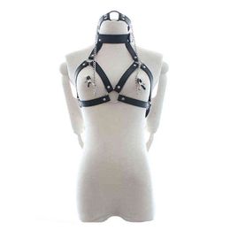 NXY Sex Adult Toy Sexy Faux Leather Lingerie Breast Binder Bra Top and Mouth Gag with Nipple Clamps Female Fetish Restraint Costume 0507
