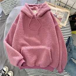 Women's Hoodies & Sweatshirts Lamb Wool Hooded Sweatshirt Winter Thick Warm Coat Velvet Cashmere Ladies Pullover Pure Color Blue Casual Top