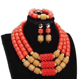 coral store Canada - Dudo Store African Jewelry Set Designs 3 Layers Artificial Coral Beads Jewellery With Gold Beaded Balls 3 Pieces 220406