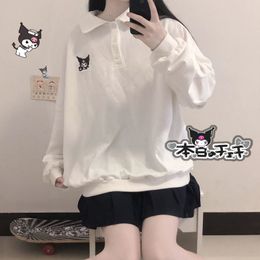 HOUZHOU White Kawaii Polo Collar Sweatshirt Women Sweet Preppy Style Long Sleeve Hoodie Harajuku Oversized Cartoon Pullovers 220815