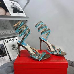 Turquoise pendant Embellished stiletto Heels sandals 10mm rhinestone Metal gun color women high heeled slippers Luxury Designers Wraparound Dress shoes size43