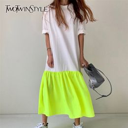 TWOTWINSTYLE Short Sleeve Summer Dress For Women Fashion Korean Patchwork Hit Color Maxi Dresses Casual Dress Girls 220511