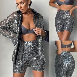 Women's Tracksuits Shirt And Shorts Set Sequined Collar Top Bag Arm