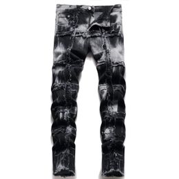 Jeans Men Patchwork Tie Dye Slim Fit Straight Leg High Quality Jean Pant Hip Hop Casual Trousers