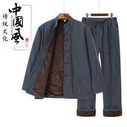 Ethnic Clothing Men Chinese Traditional Retro Tang Suit Martial Arts Tai Chi Stage Costume Fashion Casual Cotton Coat Pants Set