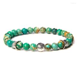 Beaded Strands Men Handmade Stretch Bracelets Women 6 Mm Green Imperial Jaspe Silver Colour Craft Lotus Charm Bracelet Buddhism Yoga Balance