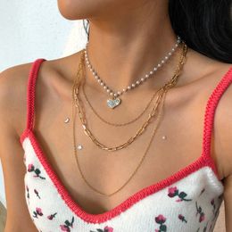 Fashion Pearl Necklace Female Geometric Love Diamond Tennis Graduated Multi-layer Necklace Personality Simple Street Shooting