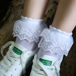 Socks & Hosiery White Black Lolita Women Double Layer Lace Ruffle Short Sock Solid Colour Cosplay Princess Sweet Breathable Cotton Sox