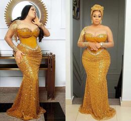 Arabic Aso Ebi Plus Size Gold Mermaid Prom Dresses Sheer Long Sleeves Sequined Beaded tassel african Evening Gowns Zipper Back