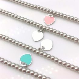 pink beads UK - 10mm Heart Bracelet Women Stainless Steel Strands Bead chain on Hand Gifts for girlfriend Accessories Pink Red Blue whole255M