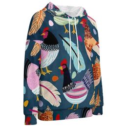 Colourful Chicken Hoodies Farm Animal Print Aesthetic Pullover Hoodie Women Long Sleeve Oversize Basic Graphic Sweatshirts