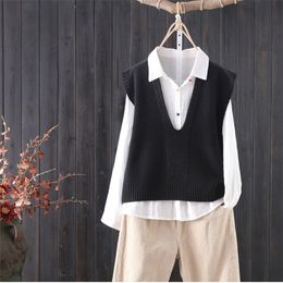 Loose Solid Colour V-neck Knitted Sweater Vest Female Simple Sleeveless Fashion Sweater Vest Pullover Women Spring 201203