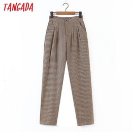 Tangada winter fashion women plaid pattern wool suit pants trousers pockets buttons casual pantalon DZ03 220325