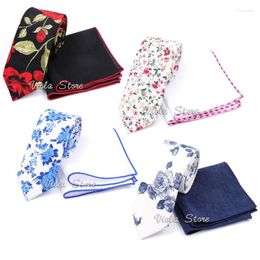 Bow Ties Floral Cotton 6cm Necktie Sets Red Blue Pink Black Navy Solid Pocket Square Men Skinny Wedding Party Cravat Gift AccessoryBow