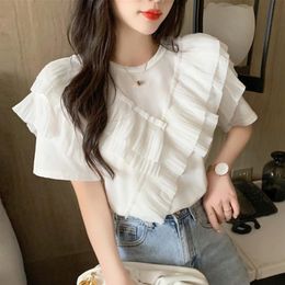 Women's T-Shirt Ruffles Chiffon T Shirt Women Tops Solid Short Sleeve Summer 2022 Camisetas De Mujer Korean Elegant Fashion Sweet TopsWomen'