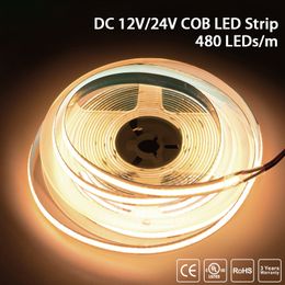 COB LED Strip Işık 320 480 LEDS/M 16.4ft Yüksek Yoğunluklu Esnek Bant Şeridi 3000-6500K RA90 LED Işıkları DC12V 24V