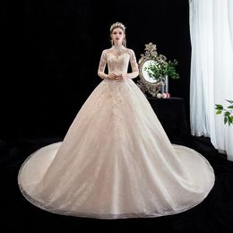 brush sleeve UK - Other Wedding Dresses Champagne Three Quarter Sleeve Dress With Sweep Brush Train Lace Ball Gown Plus Size Custom Made Robe De Mariee 2022