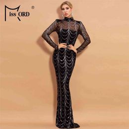 Missord 2021 Autumn Winter High Neck Wave Sequins See Though Women Maxi Dresses Elegant Long Sleeve Female Party Dresses M0032 210322