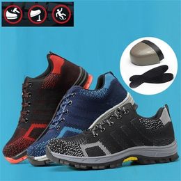 Mens Steel Toe Safety Work AntiSmashing NonSlip knit fabric Lightweight Breathable Shoes Outdoor Protective Footwear Y200915