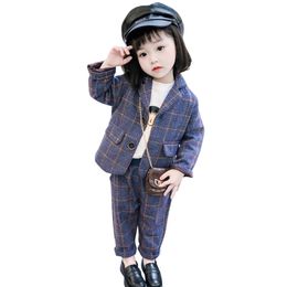 Toddler Girls Suit Set Jacket Pants Children's Clothes For Girls Plaid Pattern Kids Girls Clothes Casual Style Tracksuit Kids 210412